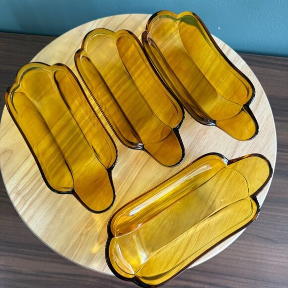 Vintage Indiana Glass Amber Banana Split Dishes Bowls Ice Cream Set Of 4 EUC - Picture 7 of 9